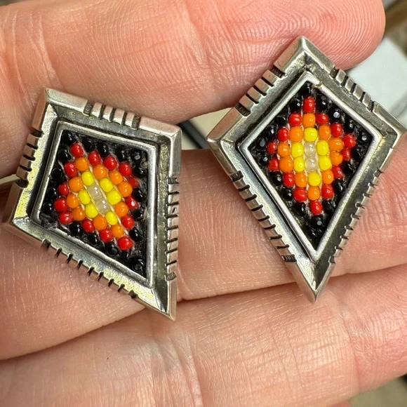 Designer Navajo Southwestern Sterling Silver Beaded Diamond Earrings Vintage 12g - Picture 8 of 9